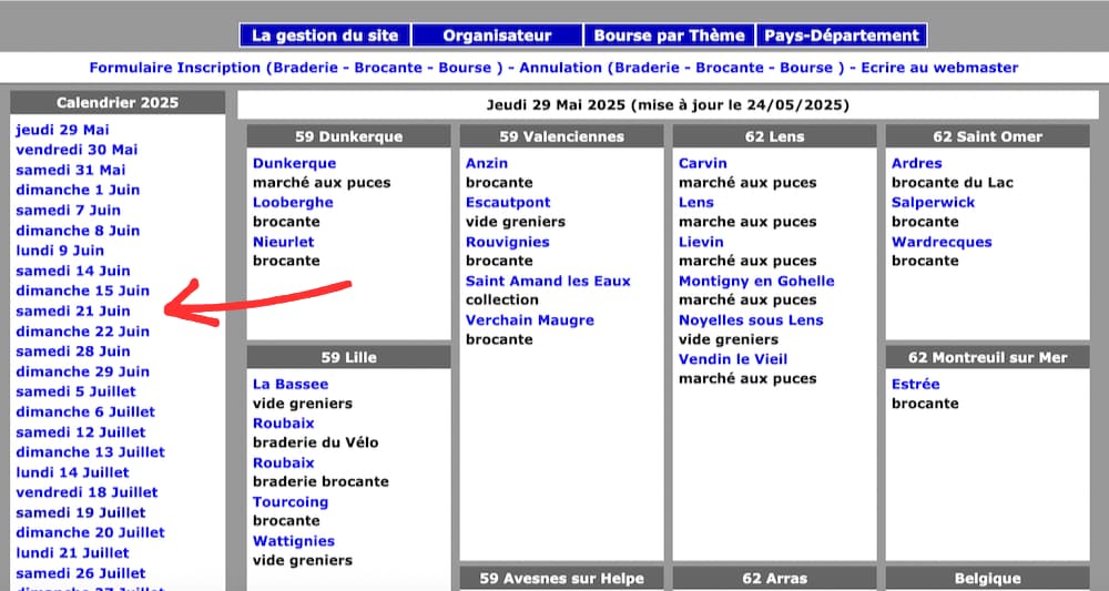 Choix du jour de brocante sur le site Sabradou
