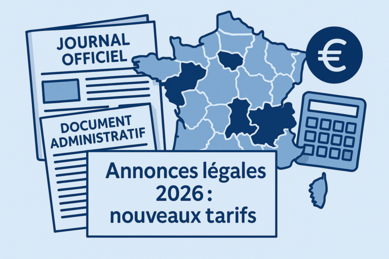 Illustration Tarifs annonces légales 2026 avec journal officiel et carte de France