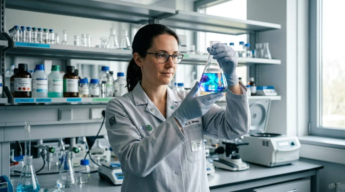 Personne en blouse de laboratoire tenant une fiole de liquide coloré, symbole de la puissance de Stormrock.
