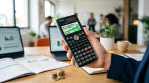 Main avec calculatrice affichant graphique ascendant, simulateur renégociation crédit Oulala