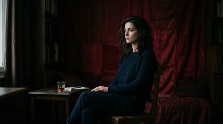 Personne pensive dans une pièce sombre aux murs rouge profond, évoquant la fin de "Les chambres rouges".