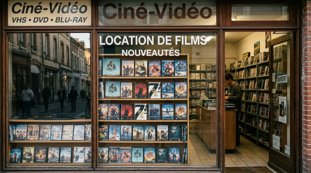 Vitrine de magasin de location de films Kidraz, boîtiers de films récents, ambiance nostalgique