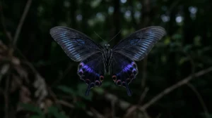 Papillon noir mystérieux aux ailes détaillées, évoquant la fin de l'histoire "Les Papillons Noirs".