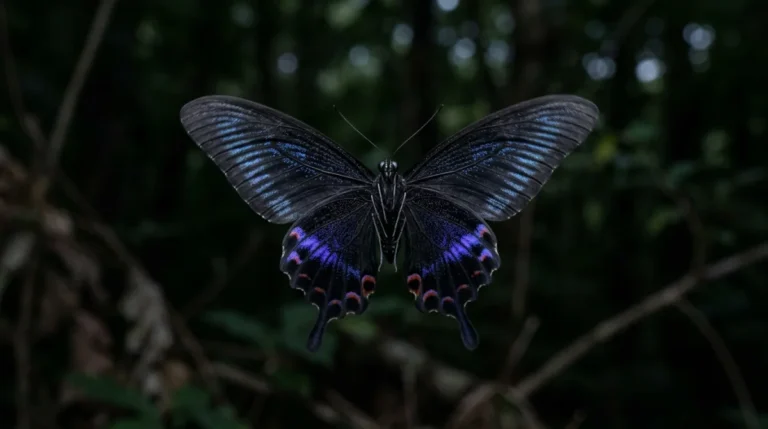 Papillon noir mystérieux aux ailes détaillées, évoquant la fin de l'histoire "Les Papillons Noirs".