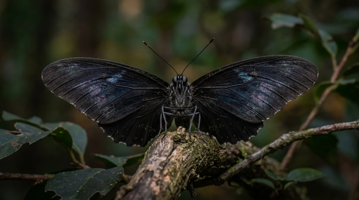 Papillon aux ailes noires irisées, gros plan en forêt au crépuscule