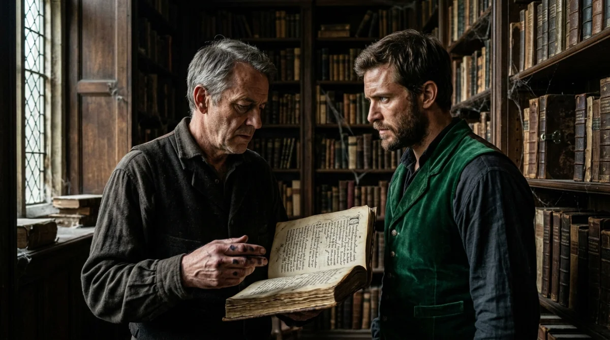 Deux hommes dans une bibliothèque sombre analysent un ancien manuscrit, ambiance mystérieuse.