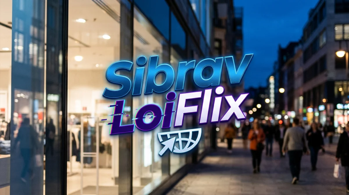 Logo Sibrav et LoiFlix, devanture moderne, reflets lumineux, avant-première Sibrav 2026