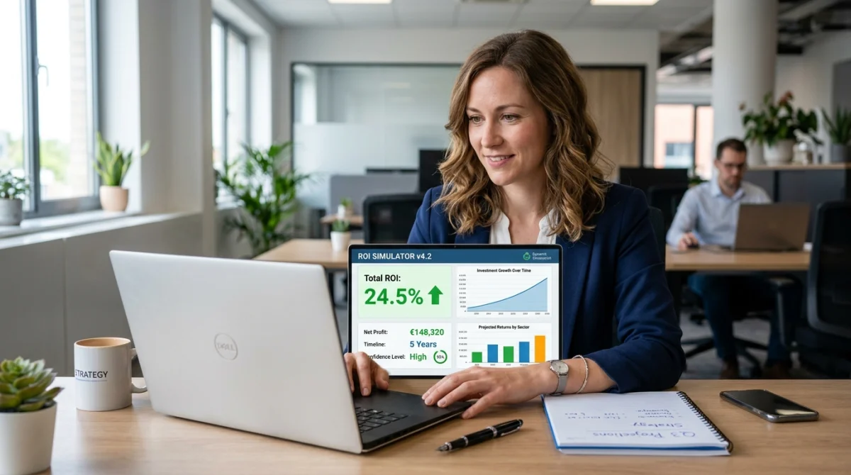 Personne utilisant le simulateur retour investissement Rezoactif sur ordinateur portable avec graphiques financiers.