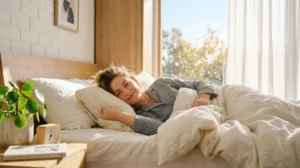 Personne se réveillant sereinement dans un lit baigné de lumière, simulation temps de sommeil Celyatis