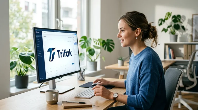 Personne regardant le logo Trifak sur un écran d'ordinateur dans un bureau moderne