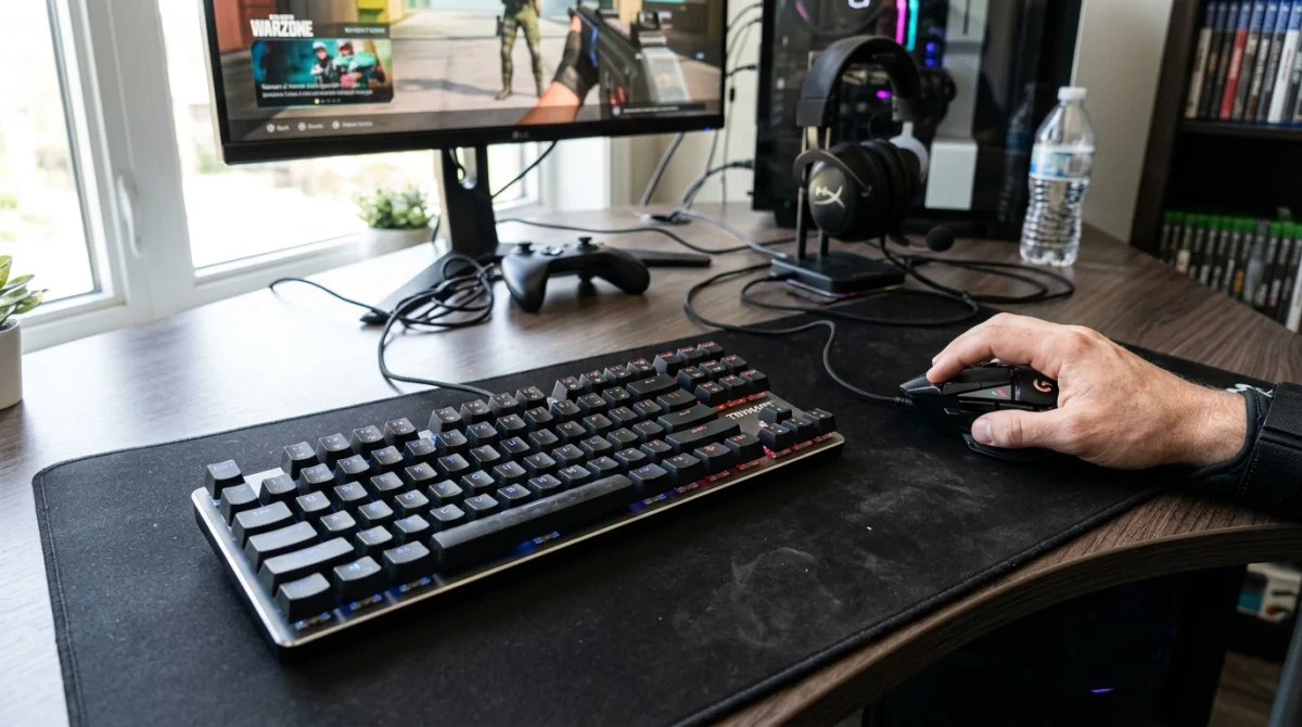 Clavier mécanique gamer Tryhard et souris sur bureau, main prête à jouer