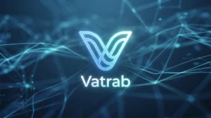 Logo Vatrab stylisé et lumineux sur fond numérique abstrait de flux de données