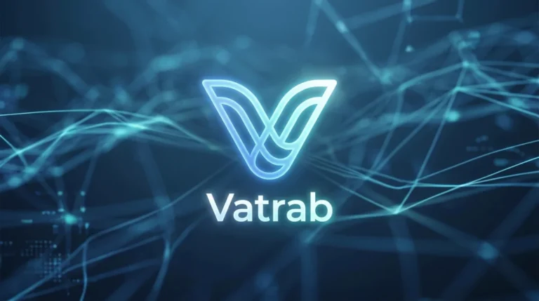 Logo Vatrab stylisé et lumineux sur fond numérique abstrait de flux de données