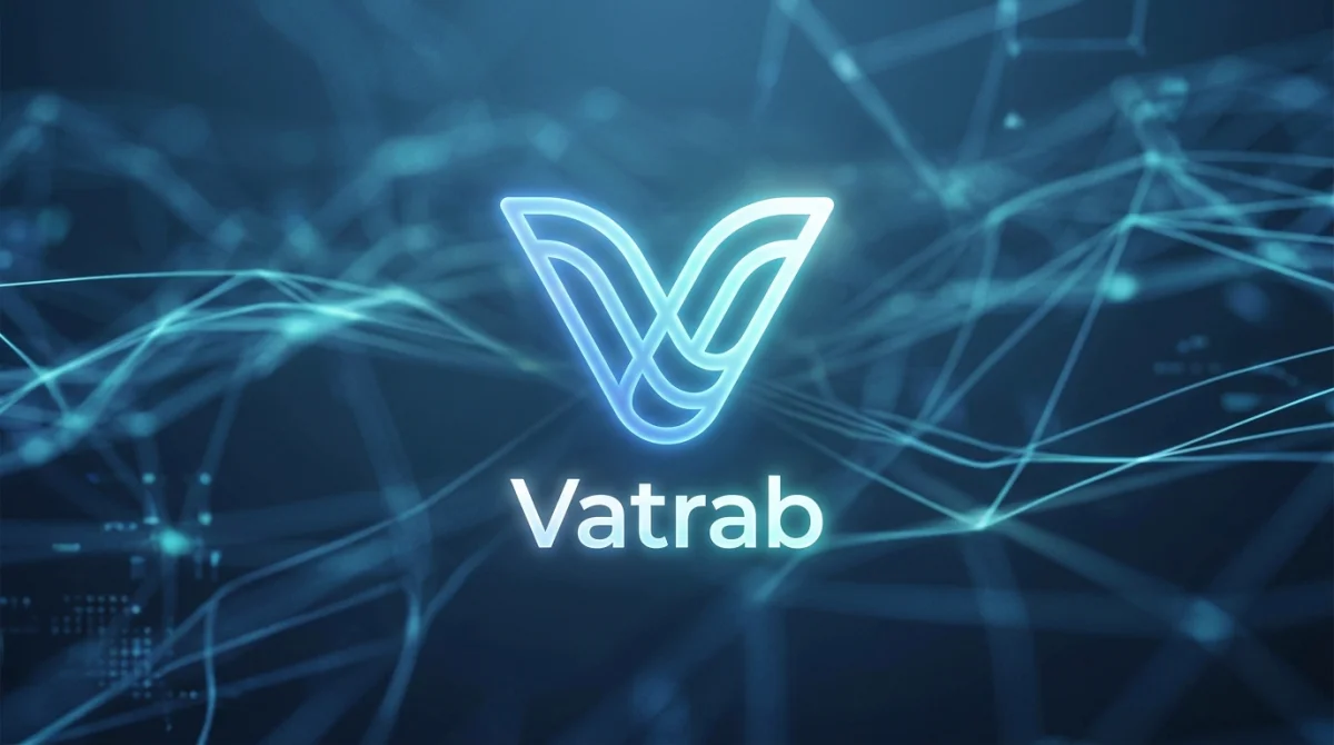 Logo Vatrab stylisé et lumineux sur fond numérique abstrait de flux de données