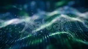 Logo Xakraf stylisé sur fond abstrait de flux de données bleus et verts.