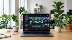 Logo Yanovi sur écran d'ordinateur portable, interface films et séries, bureau moderne.