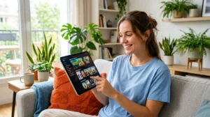 Femme souriante utilisant Zenix streaming sur tablette dans un salon moderne et lumineux