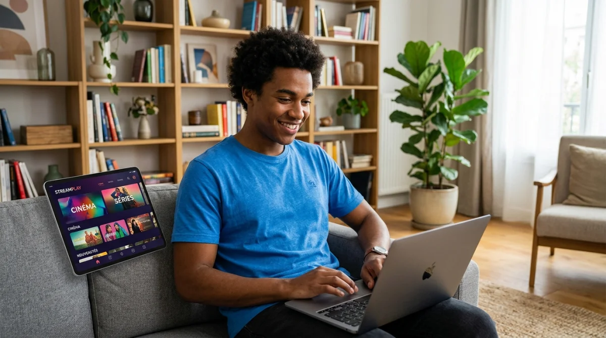 Jeune homme souriant utilisant Zenix sur son ordinateur portable dans un salon moderne.