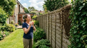 Personne inquiète face à une nuée d'abeilles du voisin près de la clôture