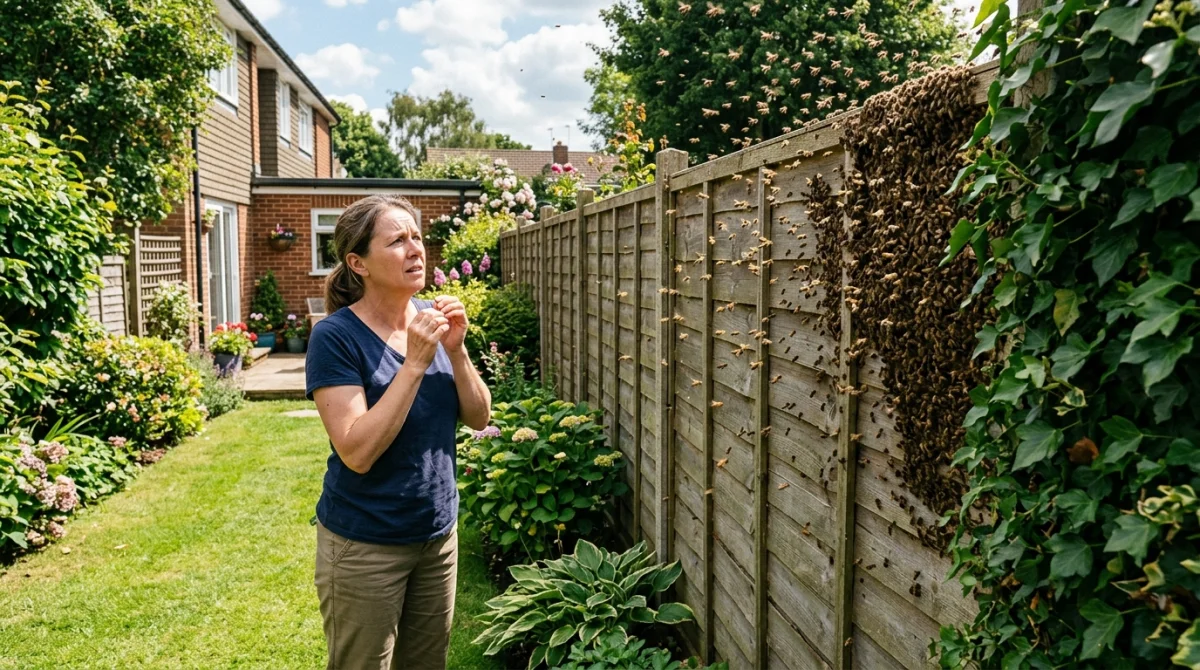 Personne inquiète face à une nuée d'abeilles du voisin près de la clôture