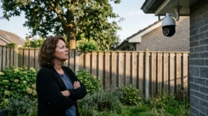 Personne inquiète face à la caméra de surveillance du voisin pointée sur son jardin.