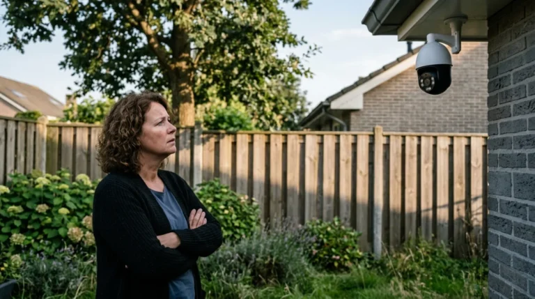 Personne inquiète face à la caméra de surveillance du voisin pointée sur son jardin.