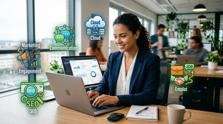 Professionnel du marketing digital travaillant sur ordinateur portable avec icônes SEO, cloud et communication.