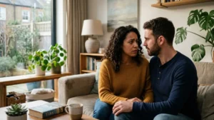 Couple dans un salon, regardant avec incompréhension, explication fin du film Amants