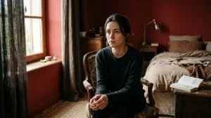 Femme songeuse dans une chambre rouge, réflexion sur la fin du film "Les Chambres Rouges".
