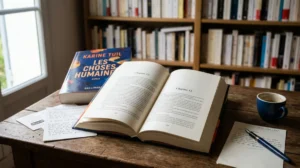Livre ouvert "Les choses humaines" sur un bureau, invitant à la réflexion sur sa fin.