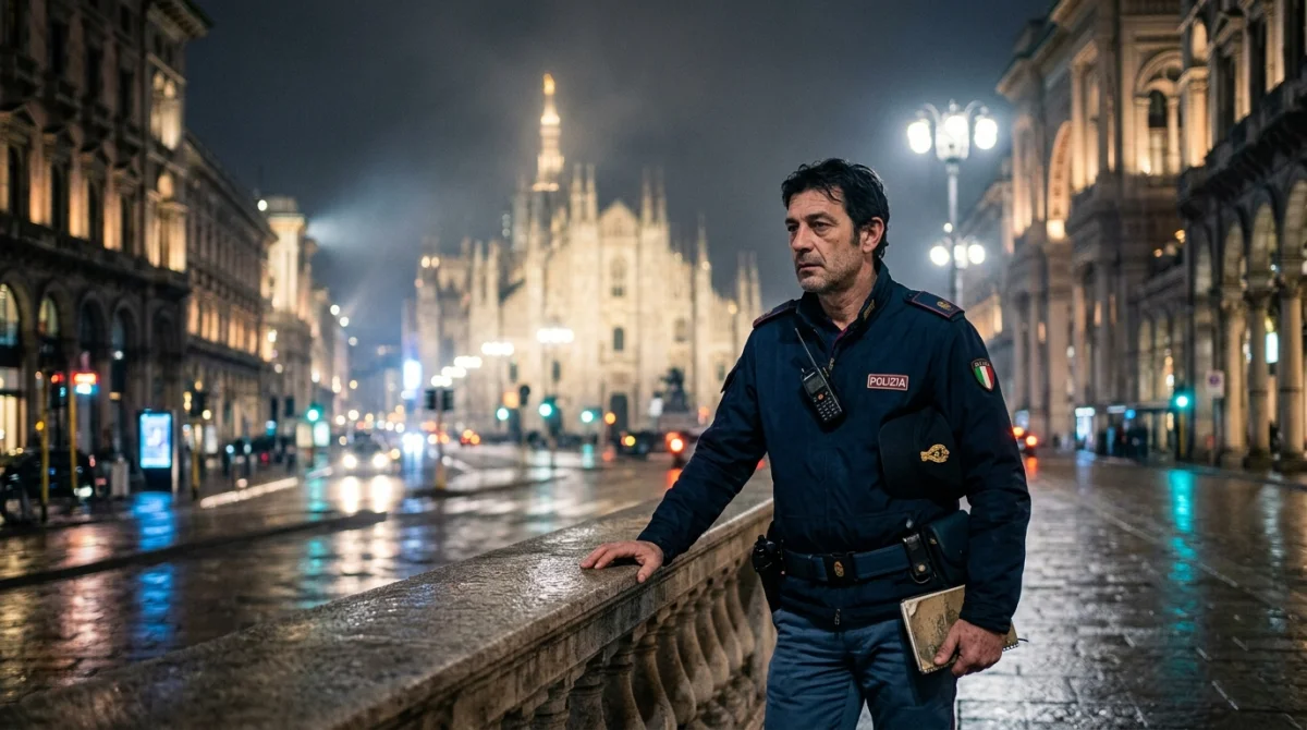 Policier milanais fatigué contemplant la ville la nuit, fin de cycle.