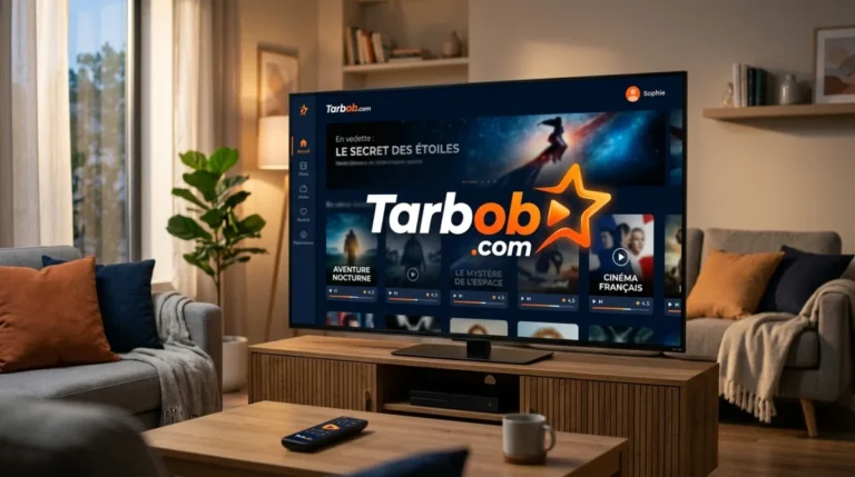 Logo Tarbob com, site de streaming, salon moderne, expérience de visionnage confortable.