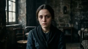 Jeune femme mélancolique en robe historique dans une cellule de la Salpêtrière pour l'explication de la fin de Captives.