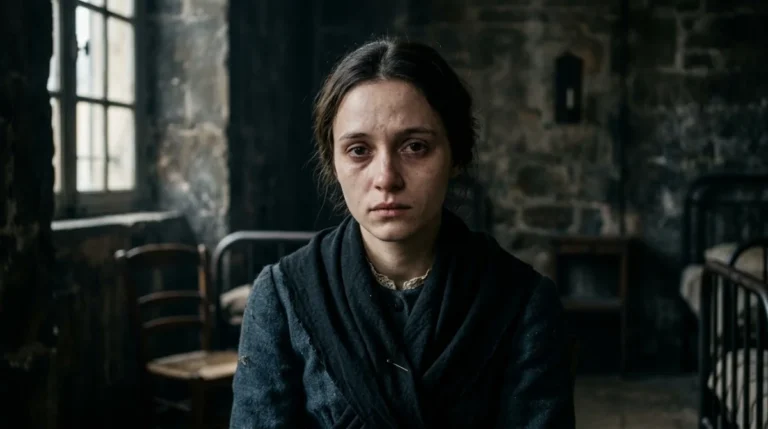 Jeune femme mélancolique en robe historique dans une cellule de la Salpêtrière pour l'explication de la fin de Captives.