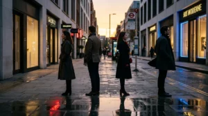 Quatre silhouettes élégantes dans une rue londonienne au crépuscule illustrant la complexité relationnelle du film Closer.
