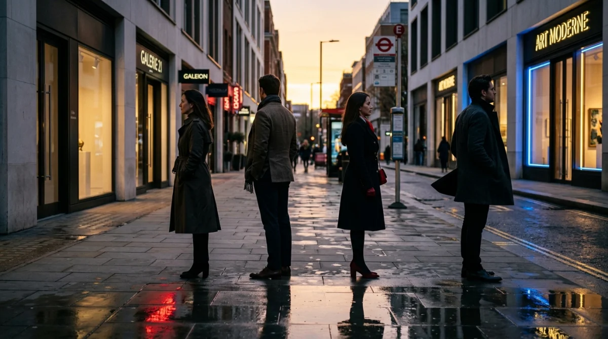 Quatre silhouettes élégantes dans une rue londonienne au crépuscule illustrant la complexité relationnelle du film Closer.