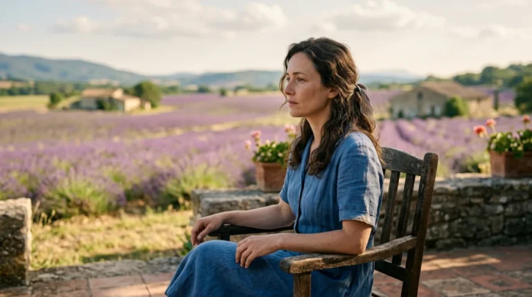 Gabrielle pensive sur une terrasse en Provence, une image clé pour comprendre la fin de Mal de pierres.