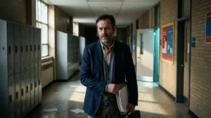 Enseignant seul et pensif dans un couloir de lycée désert pour illustrer l'explication de la fin de Pas de vagues.