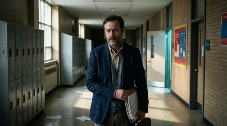 Enseignant seul et pensif dans un couloir de lycée désert pour illustrer l'explication de la fin de Pas de vagues.