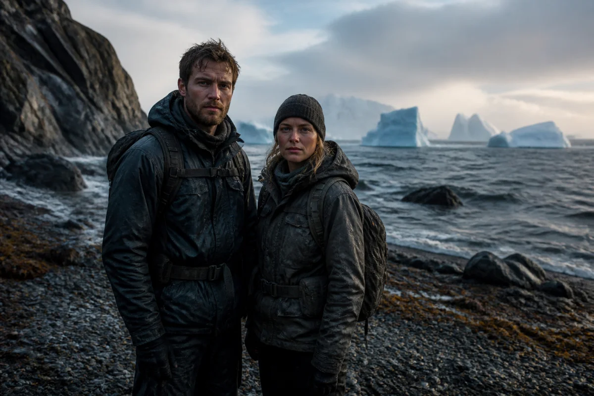 Couple isolé sur une plage rocheuse face à une mer agitée et des icebergs, illustrant Soudain seuls.