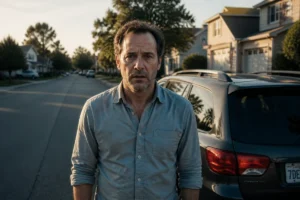Homme anxieux devant une voiture dans une rue résidentielle pour illustrer l'explication de la fin d'Arlington Road.