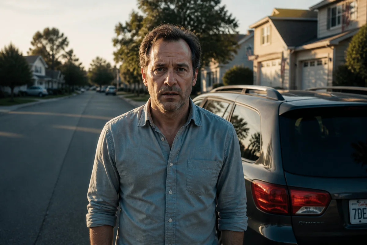 Homme anxieux devant une voiture dans une rue résidentielle pour illustrer l'explication de la fin d'Arlington Road.