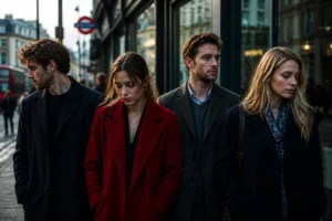 Quatre personnages distants dans une rue londonienne illustrant la complexité émotionnelle et la fin de Closer entre adultes consentants.