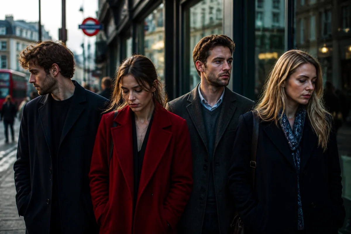 Quatre personnages distants dans une rue londonienne illustrant la complexité émotionnelle et la fin de Closer entre adultes consentants.
