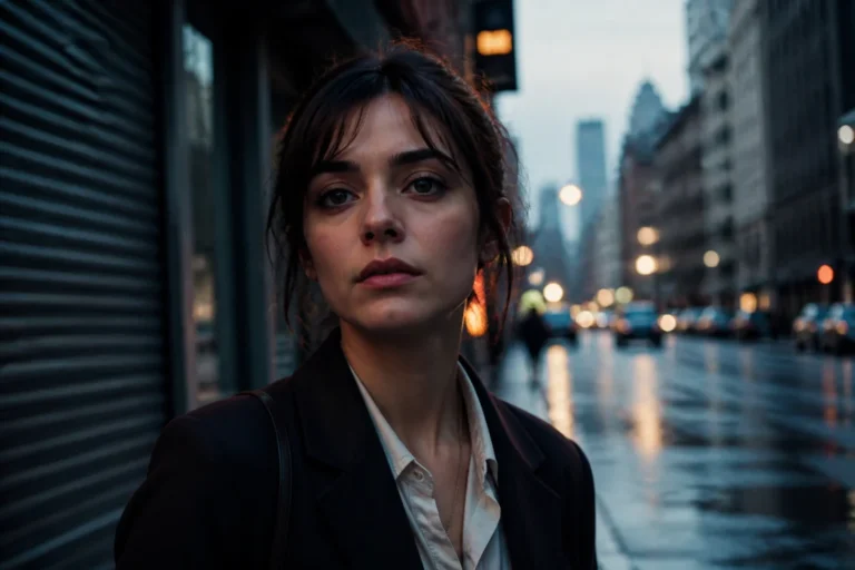 Jeune femme déterminée dans une rue de New York à l'aube pour illustrer l'explication de la fin d'Anora.