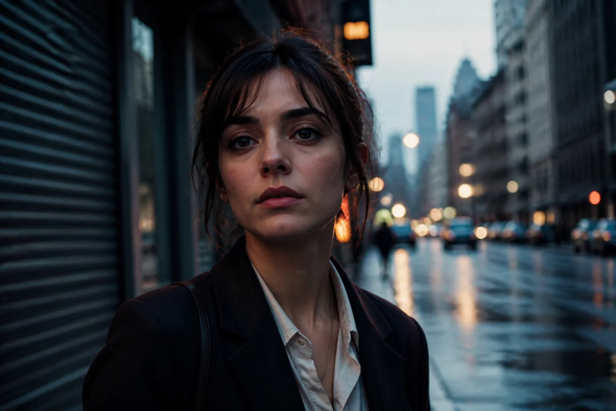 Jeune femme déterminée dans une rue de New York à l'aube pour illustrer l'explication de la fin d'Anora.