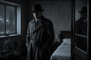 Jef Costello en trench-coat dans sa chambre minimaliste, une image clé pour l'explication fin du film le samouraï.
