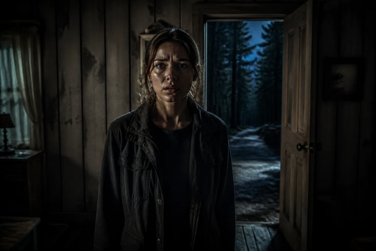 Jeune femme inquiète dans une maison isolée, porte ouverte sur une forêt sombre pour illustrer la fin du film.