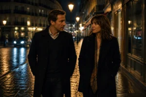 Un homme et une femme discutent en marchant dans une rue parisienne pavée et humide lors d'une nuit mélancolique.