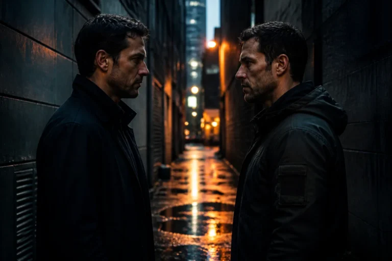 Deux hommes se faisant face dans une ruelle sombre pour illustrer l'explication de la fin de Frères ennemis.